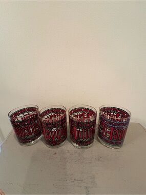 Four VTG Houze Stained Glass Happy Holidays Cocktail Glasses